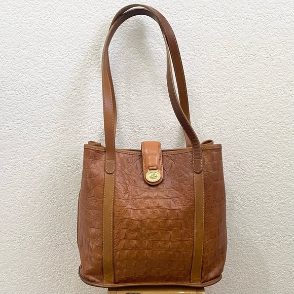 Vintage BRAHMIN Brown Embossed Croc Leather Medium Tote Shoulder Bag - Picture 3 of 16